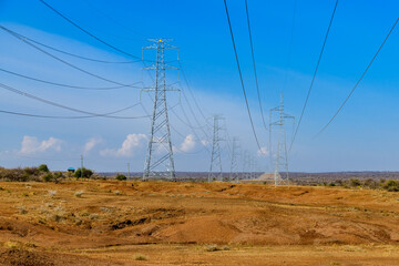 High voltage power line in a wilderness at Tanzania