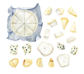 Camembert on wrapping paper and pieces of gorgonzola, goat cheese, brie cheese, parmesan are isolated on white background. Watercolor food clipart set. Hand drawn illustration.