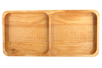 Portion wooden dish isolated on white background. Empty squared serving plate or tray, top view.