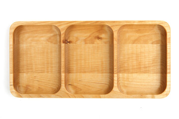 Portion wooden dish isolated on white background. Empty squared serving plate or tray, top view.