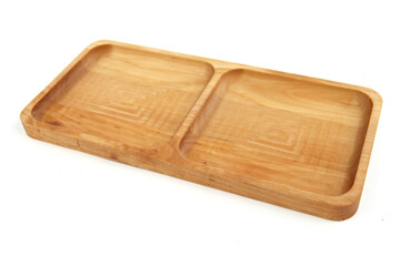 Portion wooden dish isolated on white background. Empty squared serving plate or tray.