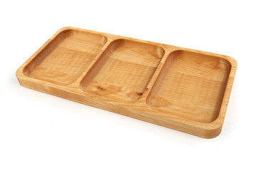 Portion wooden dish isolated on white background. Empty squared serving plate or tray.