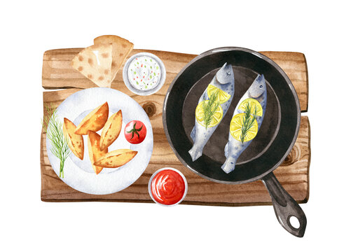 Roasted fish with lemon on cast iron pan, fried potatoes with dill, tartar sauce and ketchup, are on wooden board. Rustic dinner concept illustration on white background. Food clipart. Flat lay