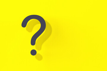 Question mark with shadow on yellow background. Technical support. Answers to questions. Horizontal image. 3d image. 3D rendering.