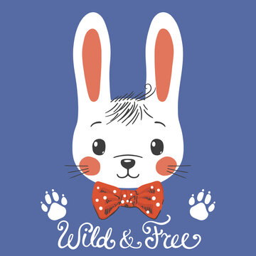 Wild and Free slogan with fun rabbit boy face on dark background for t-shirt graphics, fashion prints and other uses