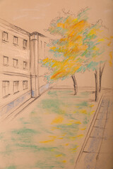 Pastel drawing of building and trees on beige paper