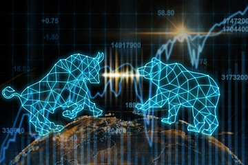 Bull and Bear polygonal shape writing by lines and dots over the Abstract planet earth particle over the Stock market chart, trading and finance investment concept