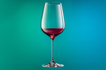 Close-up red wine glass isolated over gradient blue and green color background in neon. Concept of alcohol, holidays, New Year