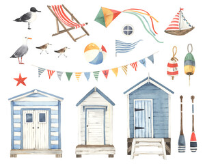 Colored set with beach huts, seagulls, sandpipers and decoration design elements, watercolor collection isolated on white background for your marine design, poster for travel, summer banner or card. - 474640201