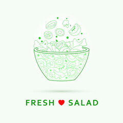 Green salad of fresh vegetables in a transparent salad bowl. Healthy food. Salad bar for healthy meal. Vector illustration