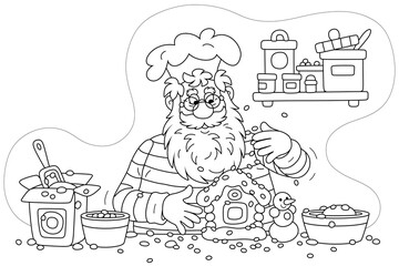 Santa Claus confectioner in a chef hat standing at his kitchen work table and decorating a fancy Christmas gingerbread in a form of a sweet toy house, black and white vector cartoon