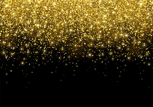 Holiday gold sparkling glitter scattered on black background. Vector