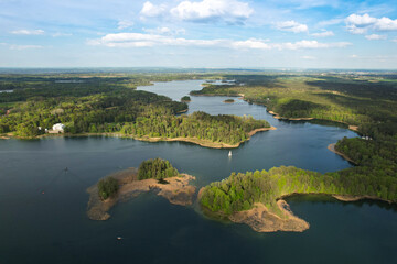 Aerial spring sunny view of Galve lake, Trakai