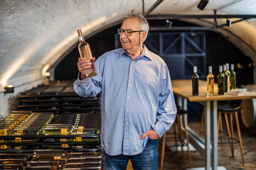 Portrait of happy senior man who owns winery. He is holding bottle of wine in his wine cellar. Industry wine making concept.