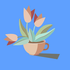 Bouquet of abstract tulips in a cup on a light blue background. Floristic illustration for decoration.