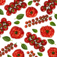 Cherry tomatoes and basil leaves pattern on white background. Flat lay.
