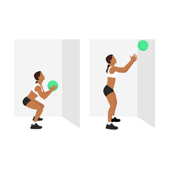 Woman doing Medicine ball throw exercise. Flat vector illustration isolated on white background. workout character set