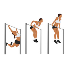 Woman doing Muscle up on bar calisthenics movement : Layered Vector Illustration - Easy to Edit - obrazy, fototapety, plakaty