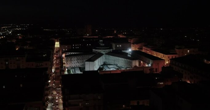 Aerial Drone Footage View of  Sassari&rsquo; prison, beautiful disused prison in Sassari Sardegna Italy ,night,day
