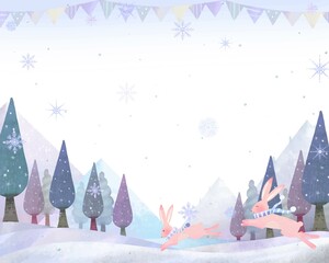 追いかけっこする親子うさぎの北欧風冬の木々と雪の結晶のおしゃれなベクター白バックフレームイラスト素材
