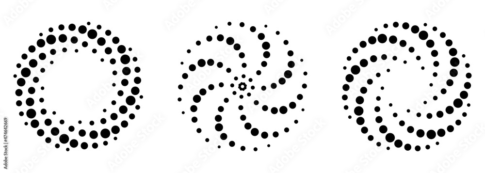 Poster spiral halftone pattern set. black dots in circle on white background. round swirl minimalistic temp