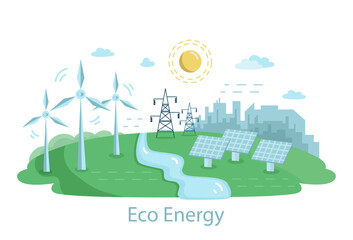 Renewable Power Sources with Windmills. Alternative Clean Energy Concept with Wind Turbines and Solar Panels. flat illustration