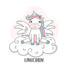 Obraz na płótnie Canvas Unicorn sitting on a cloud. Cute cartoon character unicorn graphic print. Print for Baby Shower