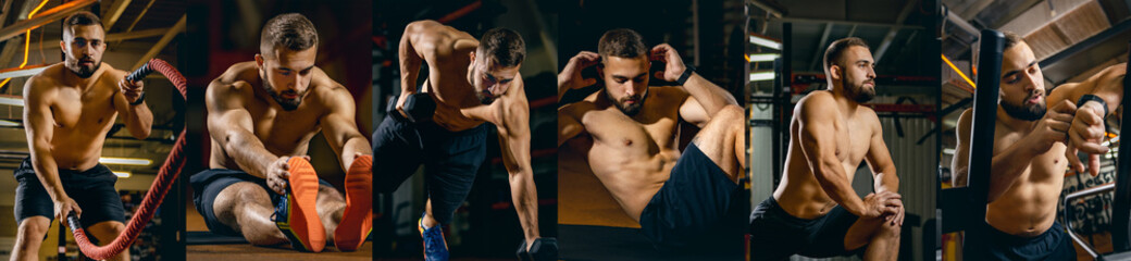 Collage of portraits of sportive man training in the gym, doing different exercises