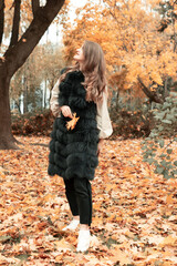 girl model holding yellow leaves in her hand. photo session of the girl in the autumn park. full-length portrait.