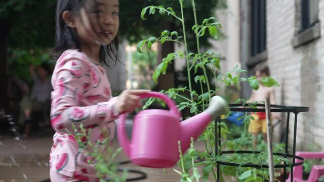 View of a little girl in pink dress watering plants in her garden with her pink watering can on a sunny day.