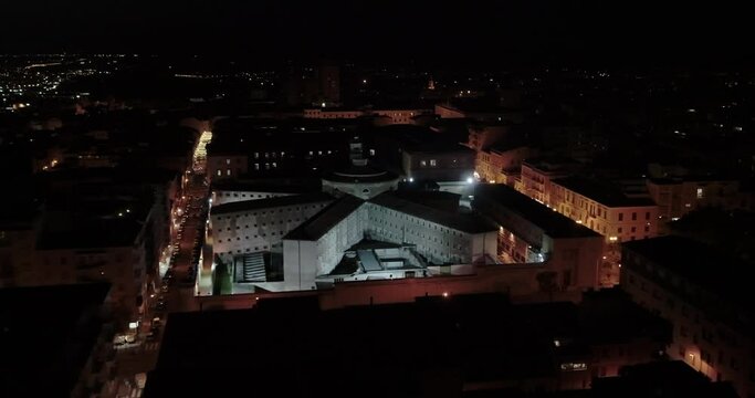 Aerial Drone Footage View of  Sassari&rsquo; prison, beautiful disused prison in Sassari Sardegna Italy ,night,day
