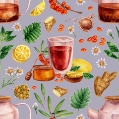 Pattern with teapots and tea