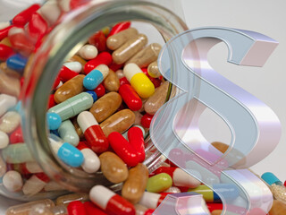 Paragraf und Tabletten, Arzneimittelverordnung, symbolische Darstellung
