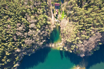 Naklejka premium Aerial spring evening view of sunny Green Lakes