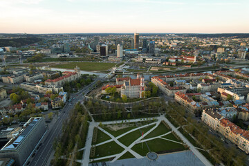Fototapeta premium Aerial spring evening view of sunny Vilnius city panorama