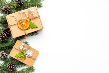 Craft paper gift boxes handmade - Christmas gifts background, top view