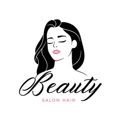 WebPortrait of a beautiful girl with black long hair. Can used for Logo, emblem, label of beauty salon or spa