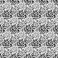 Blooming dahlia flower black gray white monochrome seamless pattern, textile and packaging design