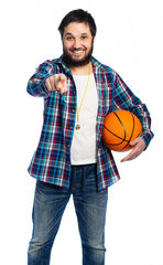 cheerleader, man, fan holding a basketball. isolated, white background.