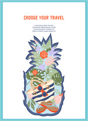 Summer travel invitation card with pineapple, flat vector illustration.