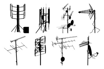 Television antenna icons set isolated on white background. Silhouettes of different television aerials. Tv antenna sign or symbol. Television rooftop antennas. Technology concept. Vector illustration - obrazy, fototapety, plakaty