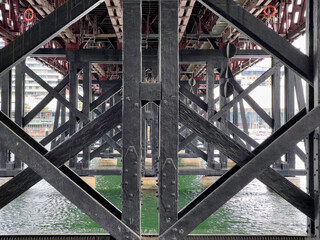 Underneath metal structure of Pyrmont Bridge, Sydney, New South Wales