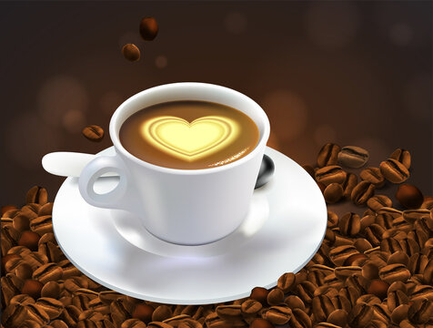 White porcelain cup with coffee and a yellow heart in the middle. High detailed realistic illustration