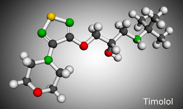 Timolol, molecule. It is non-selective beta blocker medication for treatment of elevated intraocular pressure in ocular hypertension or glaucoma. Molecular model. 3D rendering