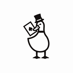 ロゴデザインのための、トランプをくわえた鴨のシンプルなイラスト