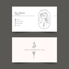 Beauty woman logo with business card template in trendy line art minimal style, emblem for salon and cosmetics - female portrait, beautiful woman's face - floral badge for make up artist, fashion
