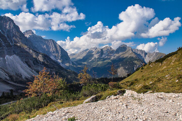 Fototapeta na wymiar Hiking at Ahornboden from Eng to falcon hut, Karwendel mountains, Tyrol, Austria