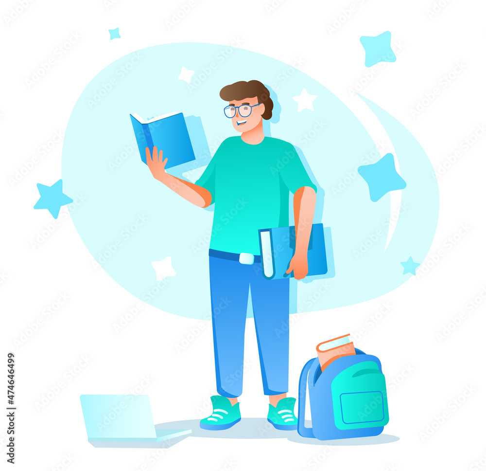 Poster distant learning flat character concept for web design. man reads textbooks and studies from home, o