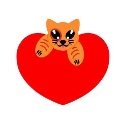 Adorable ginger cat lies on big red heart. Image for valentines day. Vector illustration. Design element for formation of thematic sites of postcards office clothing