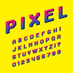 Pixel alphabet font letters and numbers set video computer game in retro 8 bit style. Modern stylish font or typeface for headline or headline design like poster, layout design, game, website or print
